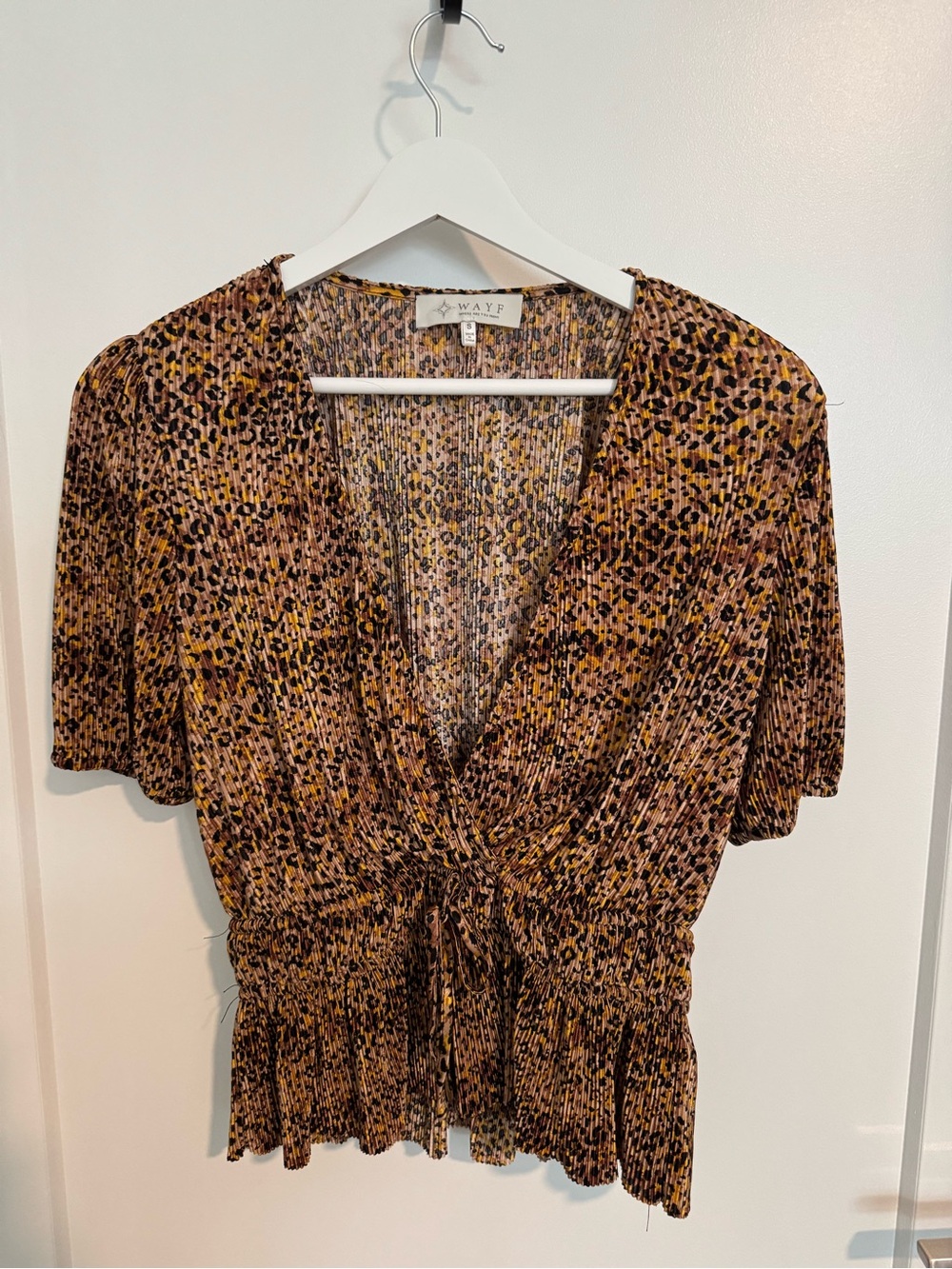 Wayf Brown and Black Leopard Print V-Neck Peplum Top